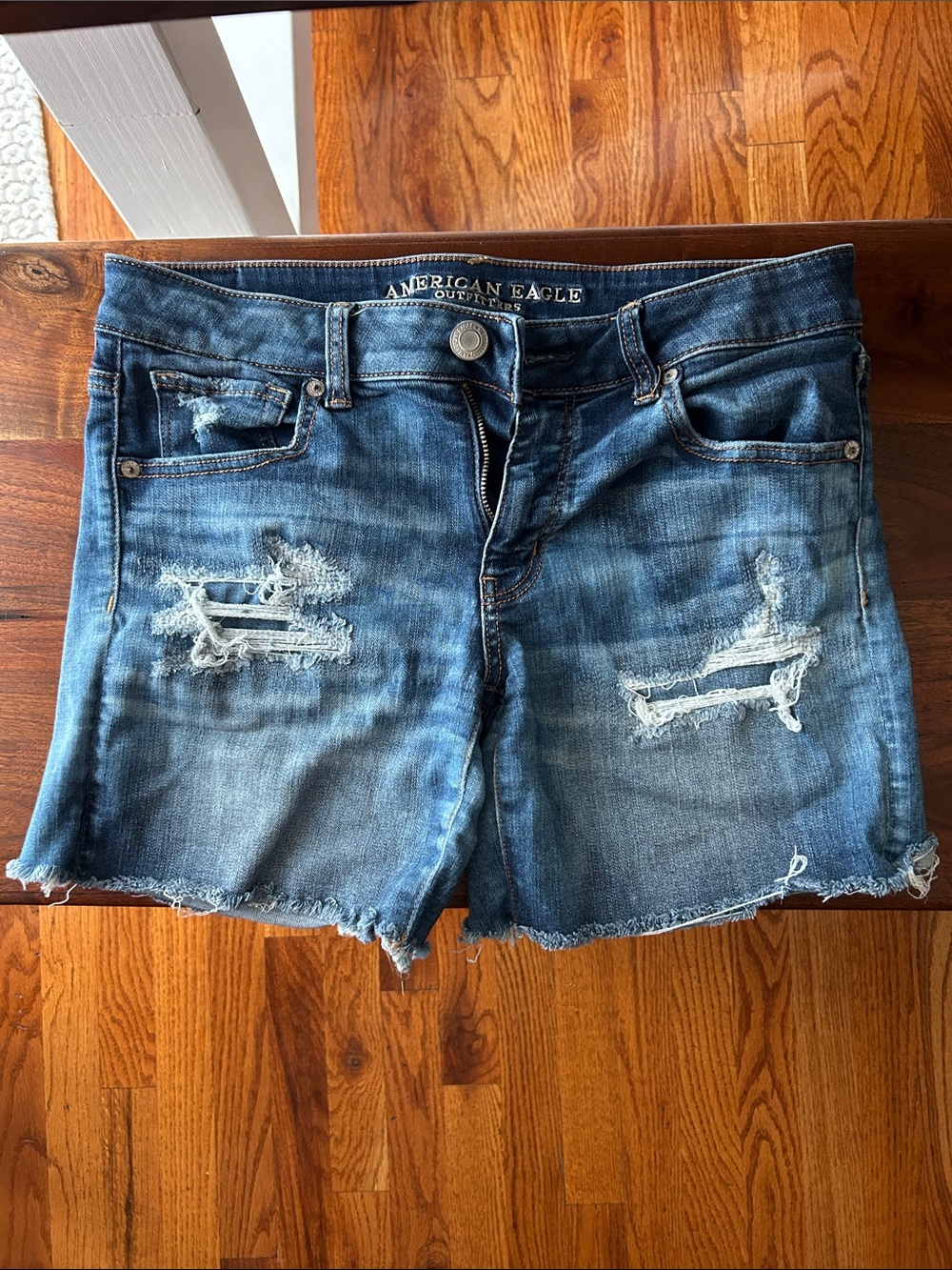 AE Midi Distressed Dark Blue Denim Shorts